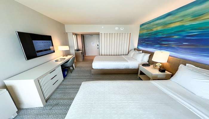 A wide angle view of a hotel room in devprayag.