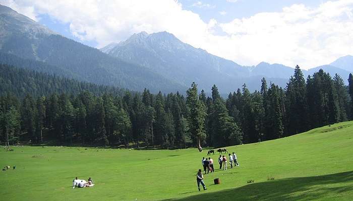 Aerial view of the 18-hole Pahalgam Golf Course shows well-manicured greens and fairways in majestic Himalayan mountains near the Sheshang lake.