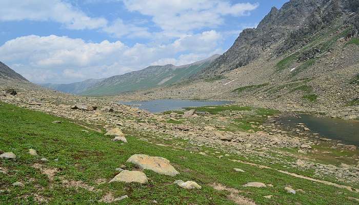 Chain of Satsar Lakes nestled amidst rugged Himalayan terrain in naranag.