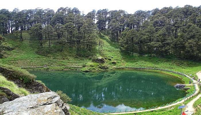 Serene Serolsar Lake is surrounded by dense pine forest and reflecting clouds near the Tirthan Valley Himachal Pradesh.