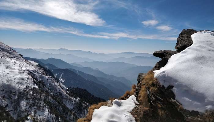 View from the Tungnath trek during snowfall in the winter season 