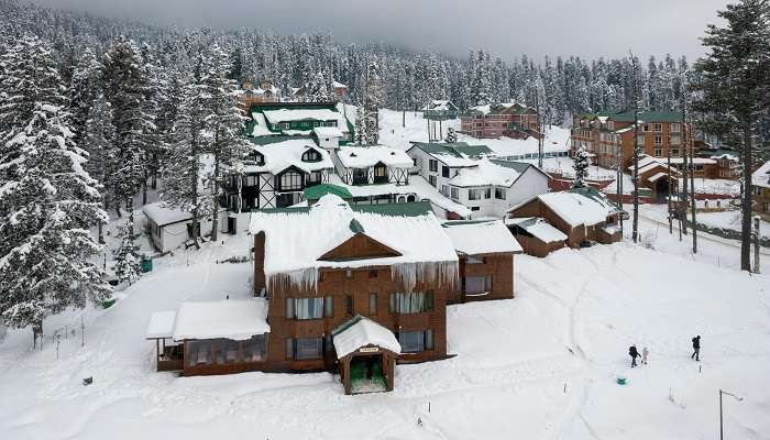 Beautiful view of the Khyber Himalayan Resort & Spa with the stunning snow-capped Himalayan range as the backdrop. 