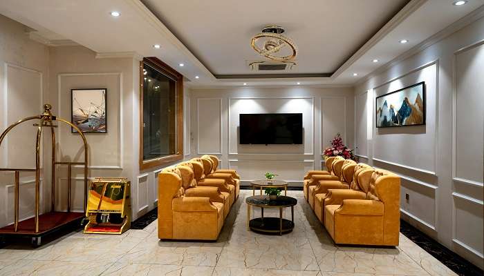 View of a long hotel hallway