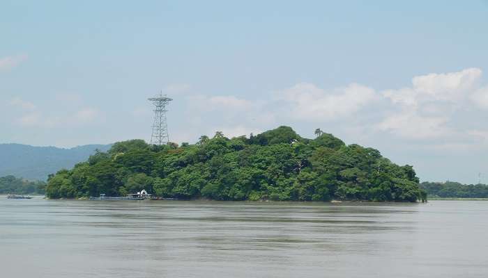 Aerial view of Umananda Island, a serene river island near Assam State Zoo and Botanical Garden 