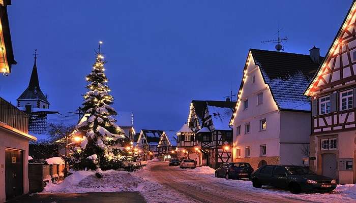 Decorate Christmas tree with fairy lights