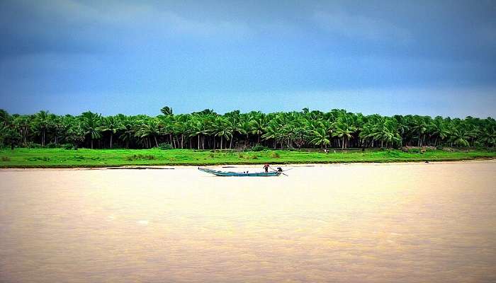 Boat in the water against coconut tree backdrop in Konaseema