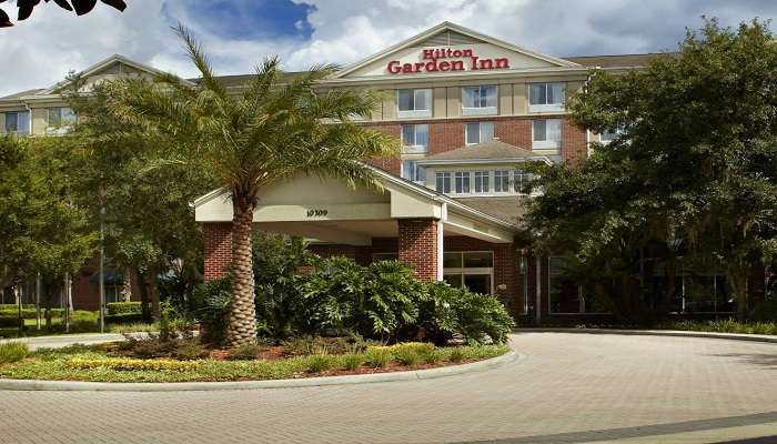 The Hilton Garden Inn is in a tranquil park