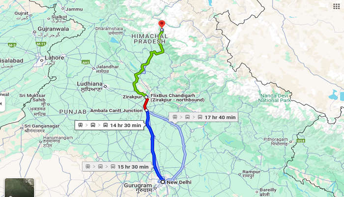 Delhi to Manali Bus Route