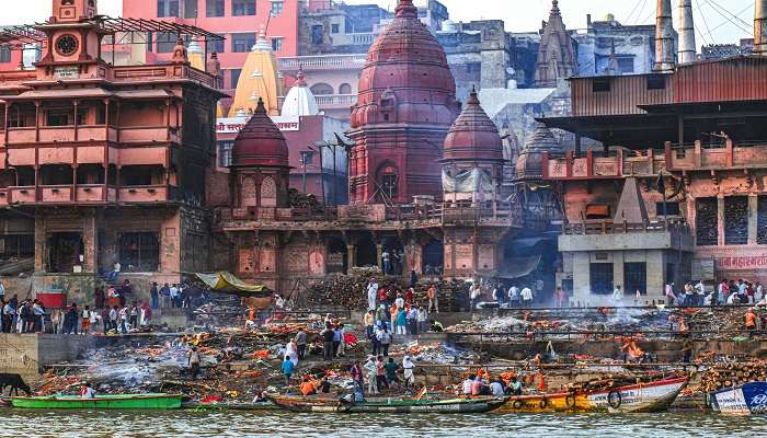 Manikarnika Ghat one of the most sacred cremation grounds.