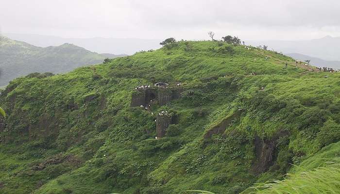 View of Sinhagad Fort near Pune and the lush greenery.