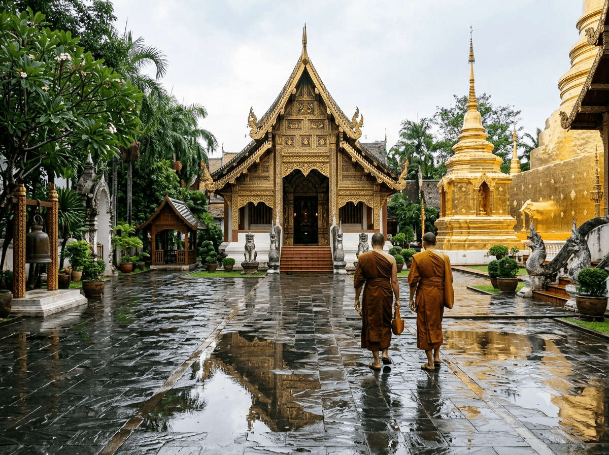 Temple courtyard glistening after rain, Thailand
