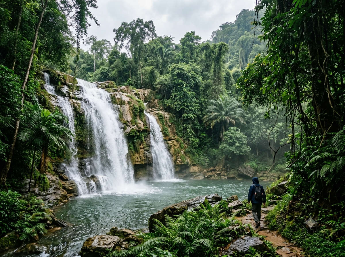 Lush jungle waterfall in the early rains, , Thailand
