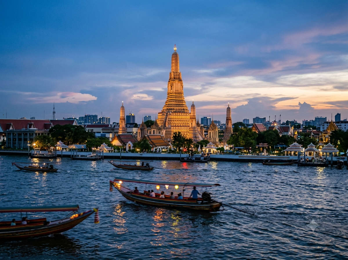 Wat Arun temple by the Chao Phraya river at dusk.