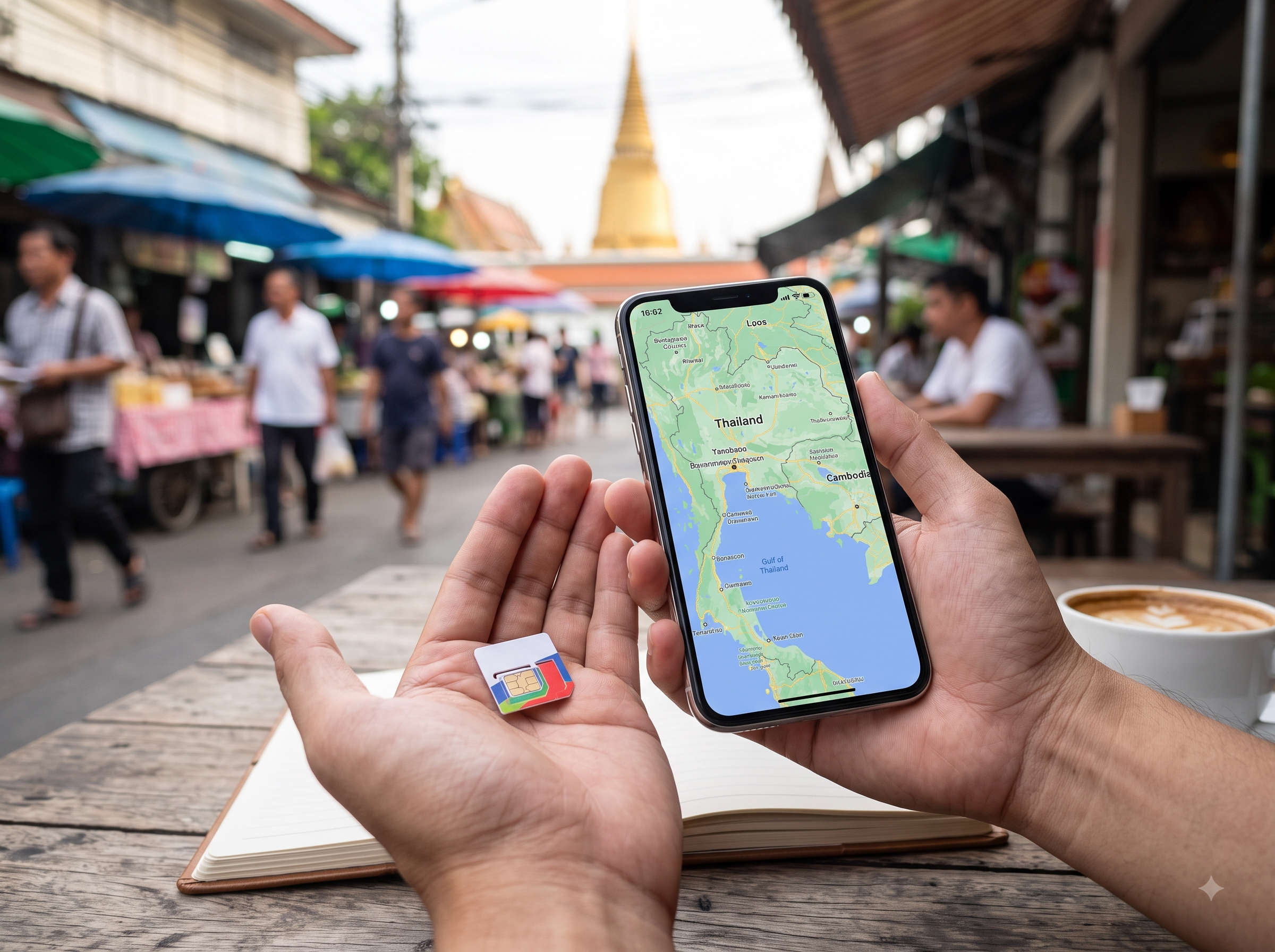 SIM card and smartphone showing a Thailand map.