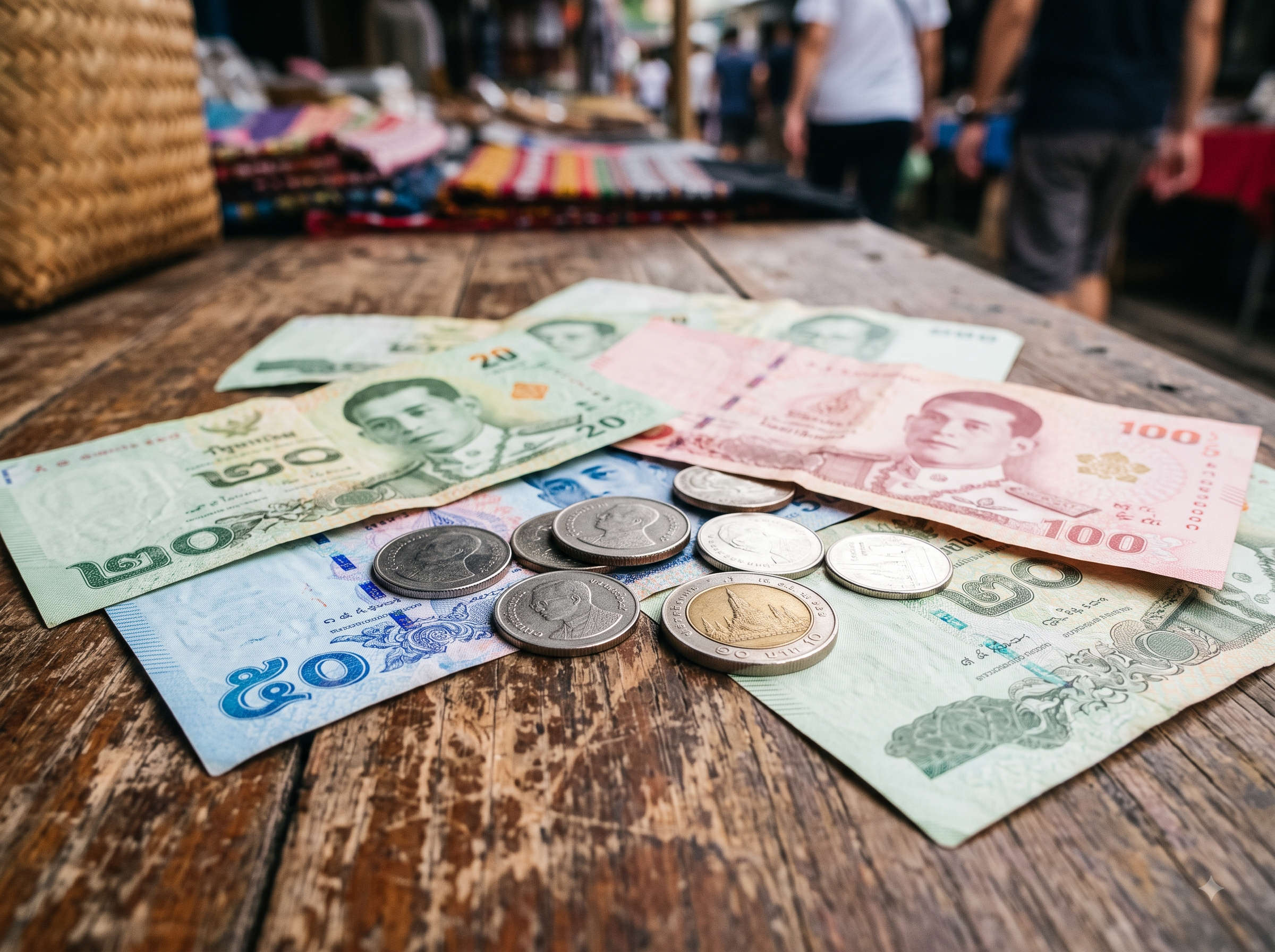 Thai baht banknotes and coins.