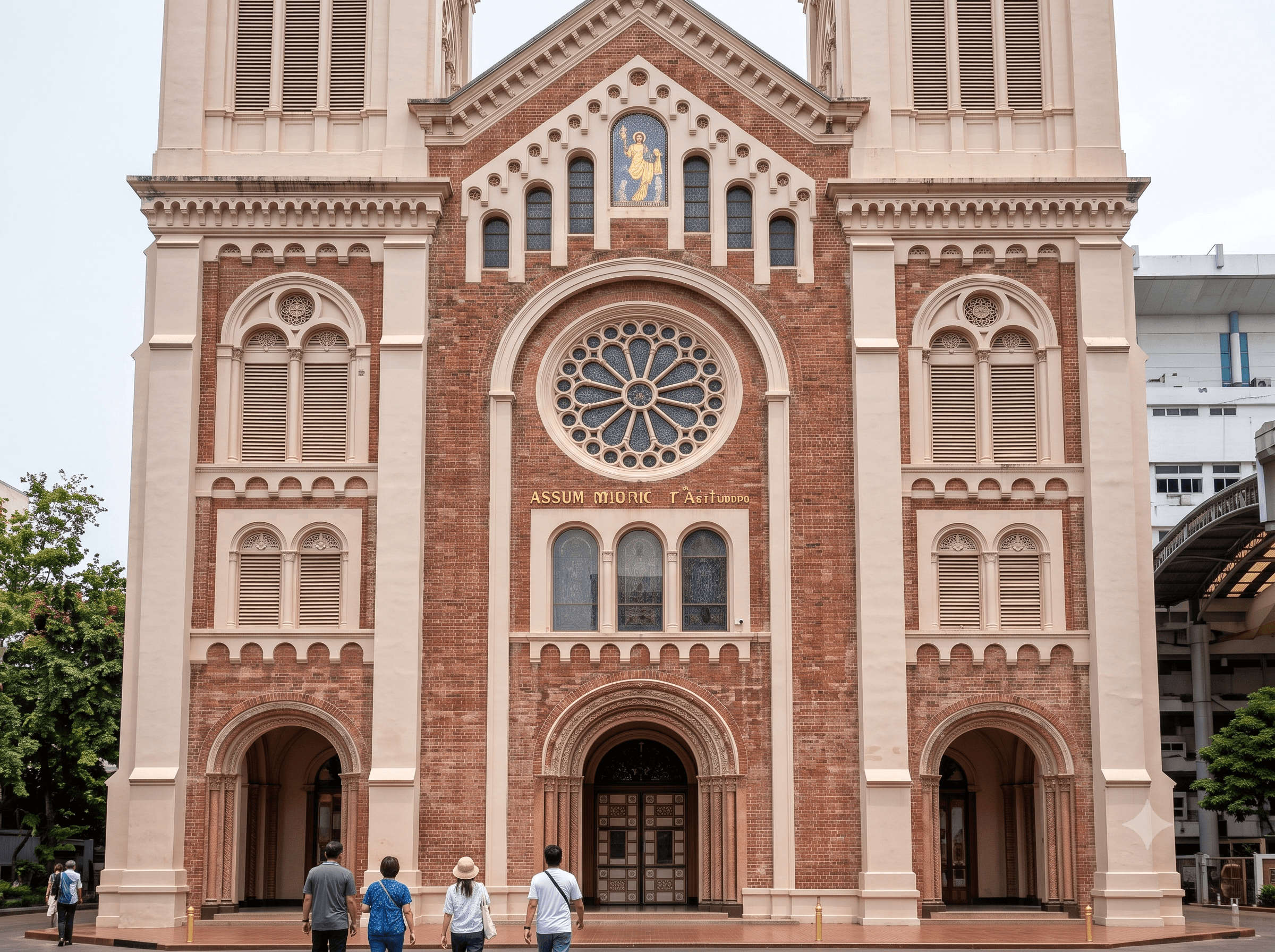 Twin bell towers and rose window of Assumption Cathedral, Bangkok, Thailand
Note: confirmed: Assumption Cathedral