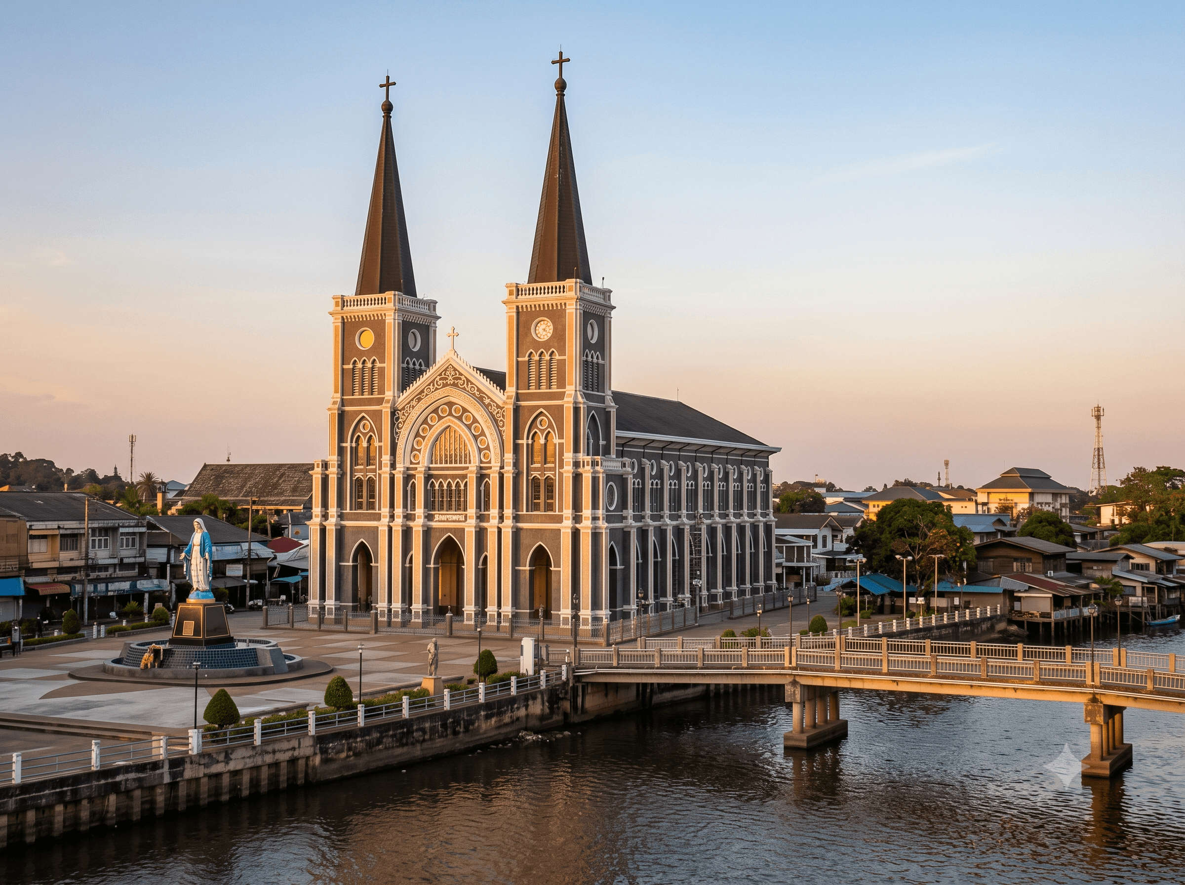 Gothic Cathedral of the Immaculate Conception with its pointed spires, Chanthaburi,