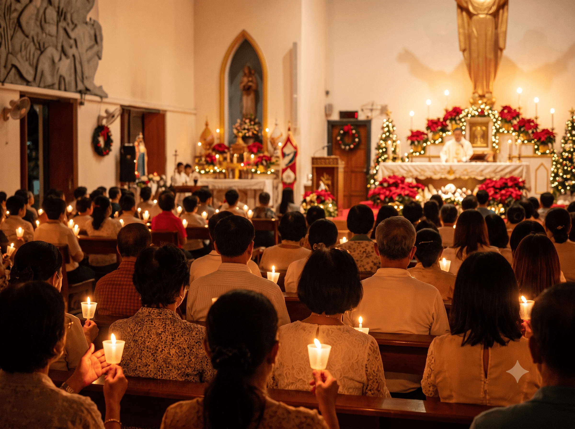 Candlelit Christmas mass with worshippers seen from behind, Bangkok,