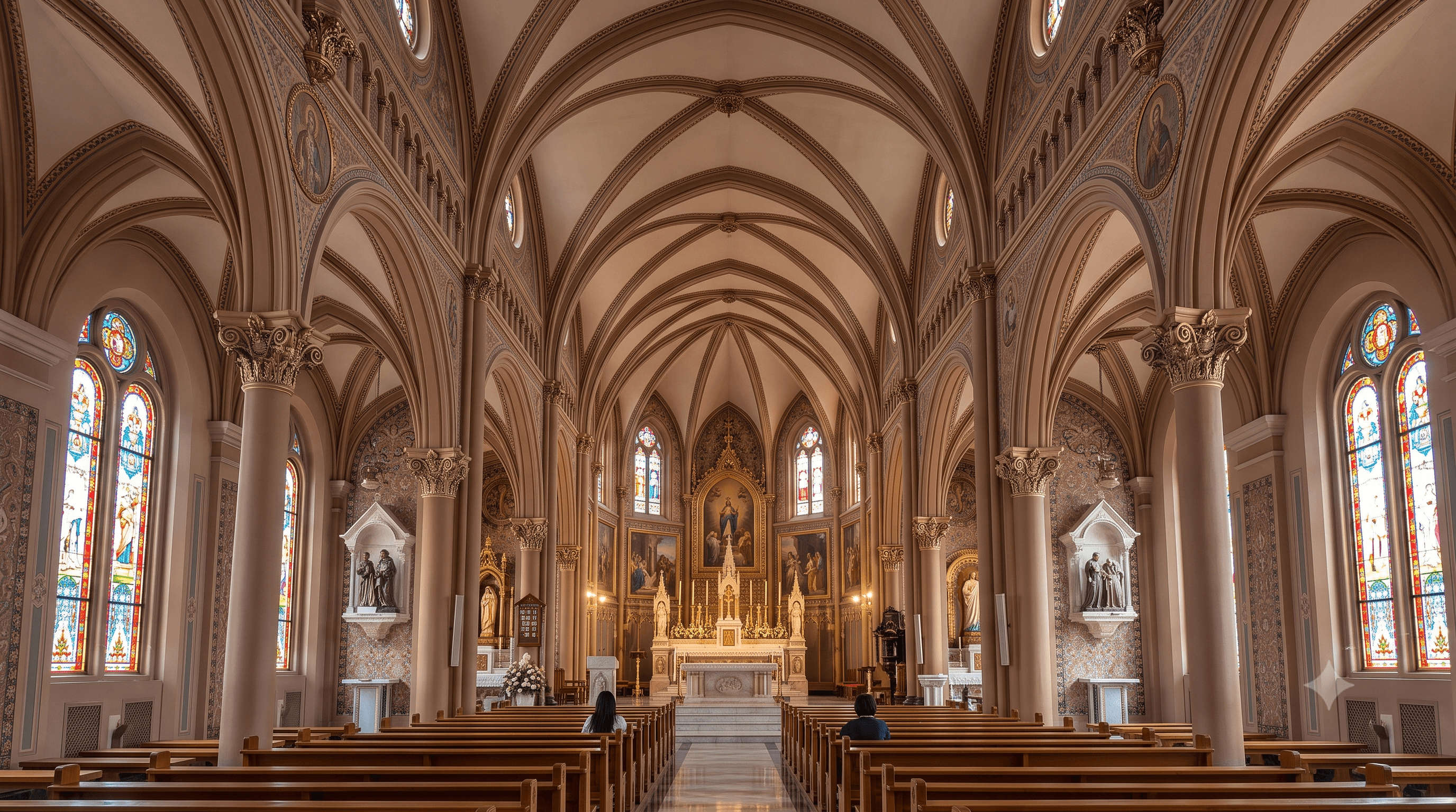 Vaulted nave, stained-glass windows and altar of a grand Catholic cathedral, Bangkok, Thailand