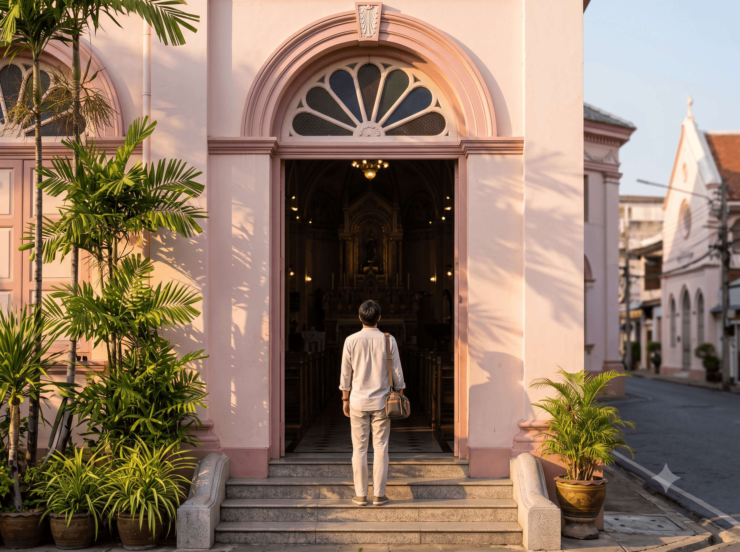 Modestly dressed visitor at a church entrance, seen from behind, Bangkok