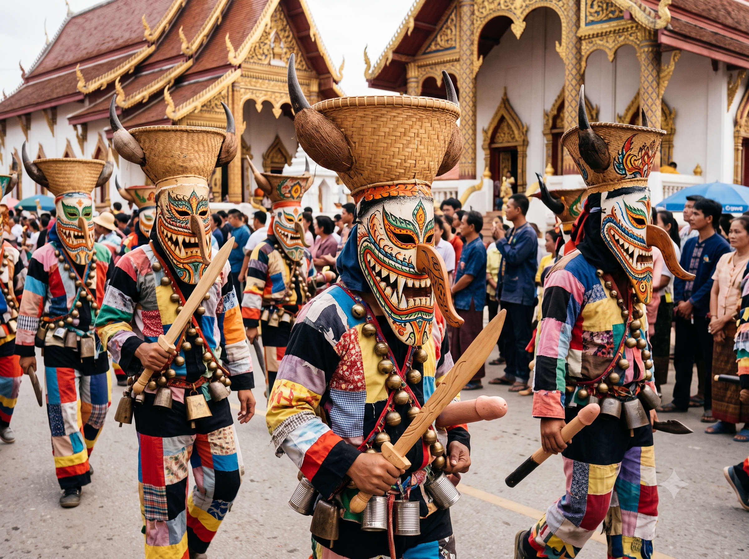 Phi Ta Khon ghost-mask festival costumes in Dan Sai