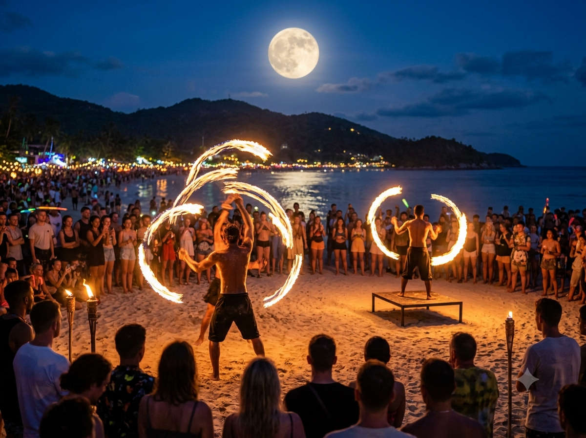 Fire dancers performing on Haad Rin beach at night