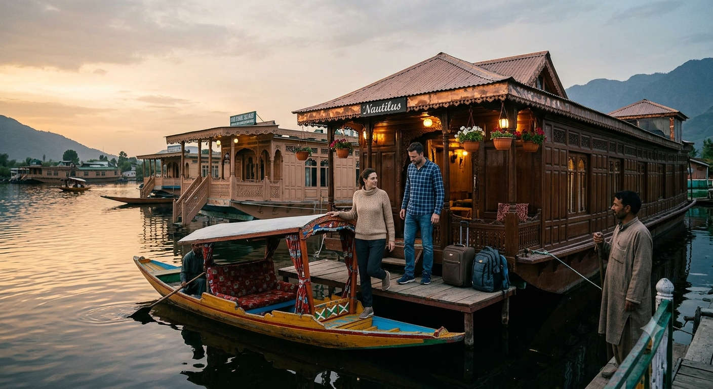 Farmers trading lotus stem and greens from boats at the Dal Lake floating vegetable market at dawn, Srinagar,