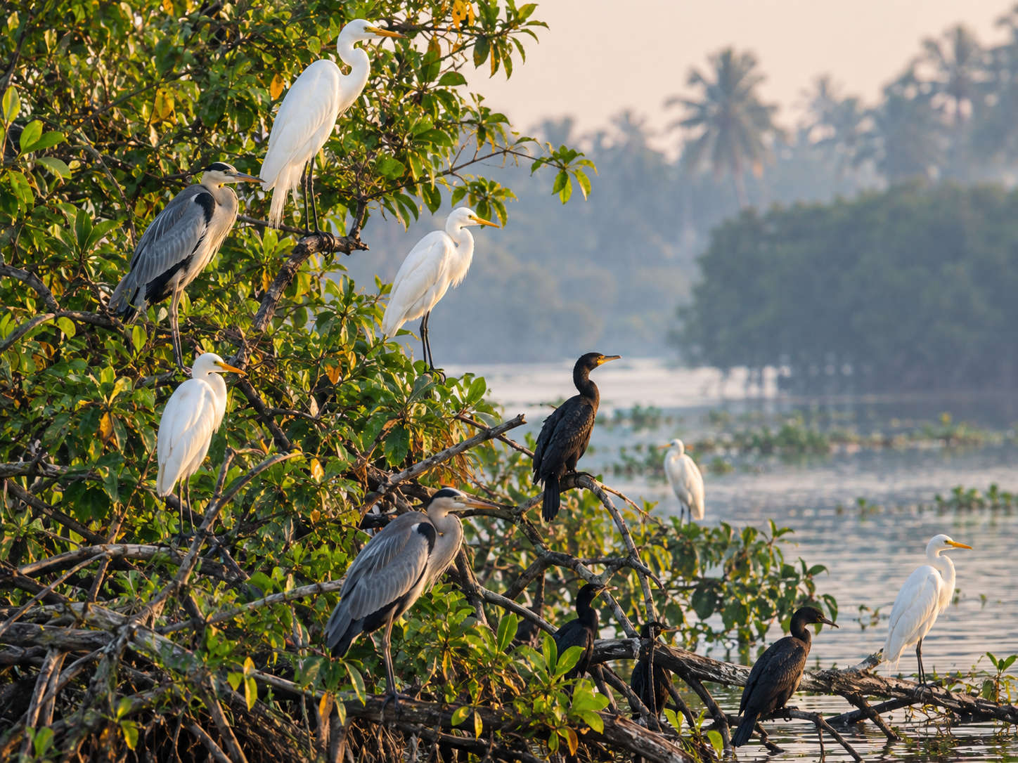 Egrets, herons and darters at Kumarakom Bird Sanctuary on Vembanad Lake, Kerala, in winter Note: confirmed: Kumarakom Bird Sanctuary, Vembanad Lake, egrets/herons/darters named