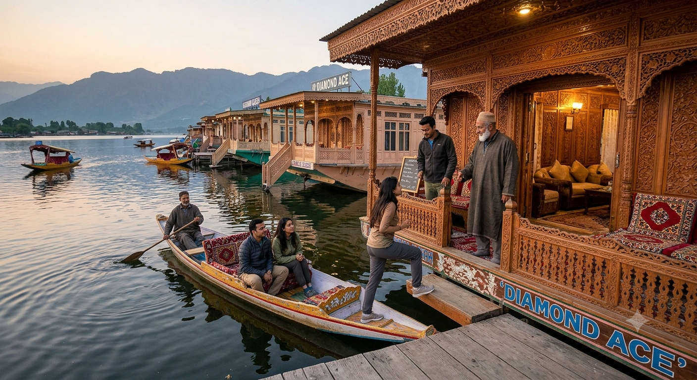 Farmers trading lotus stem and greens from boats at the Dal Lake floating vegetable market at dawn, Srinagar,