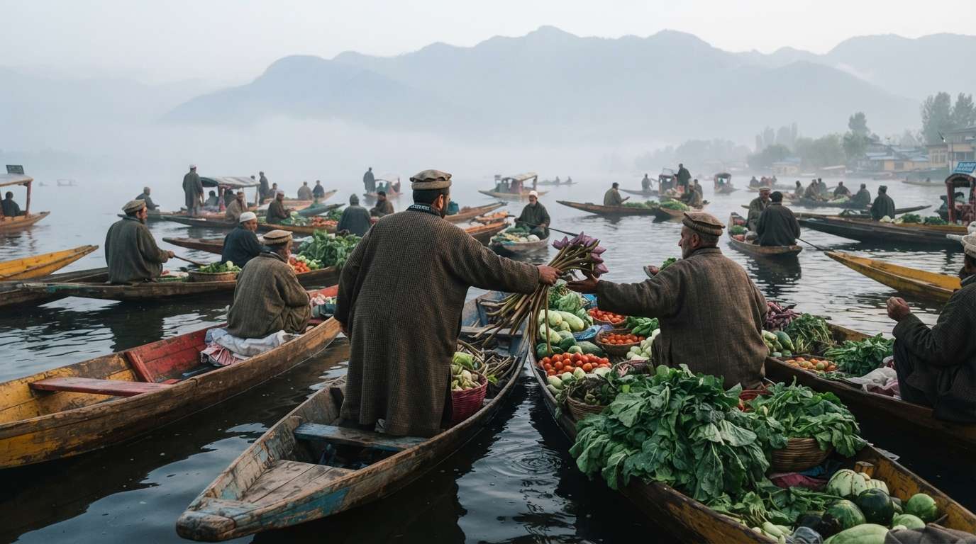 Travellers boarding a shikara at a Boulevard Road ghat on Dal Lake to reach their houseboat, Srinagar, India