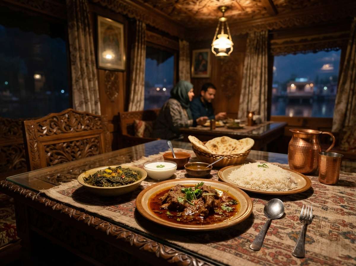 Walnut-carved sitting room of a luxury houseboat in Srinagar, Kashmir, India, with Kashmiri carpets
