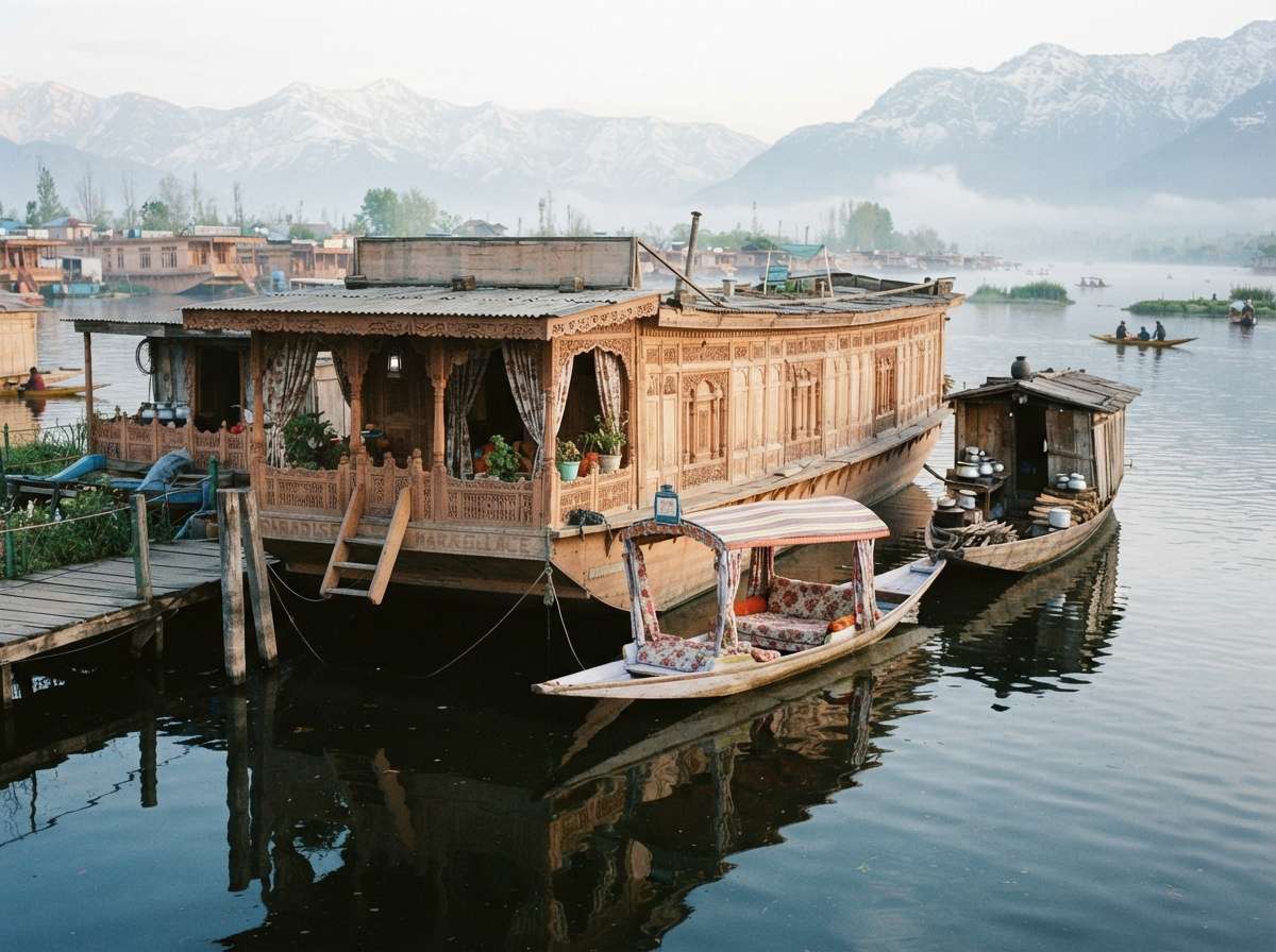 Red chinar leaves framing houseboats on calm Dal Lake in October, Srinagar, Kashmir, India