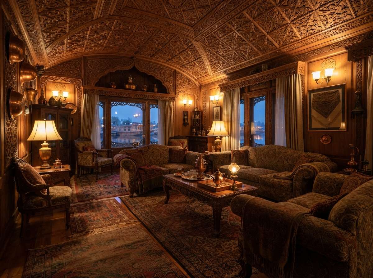 Walnut-carved sitting room of a luxury houseboat in Srinagar, Kashmir, India, with Kashmiri carpets