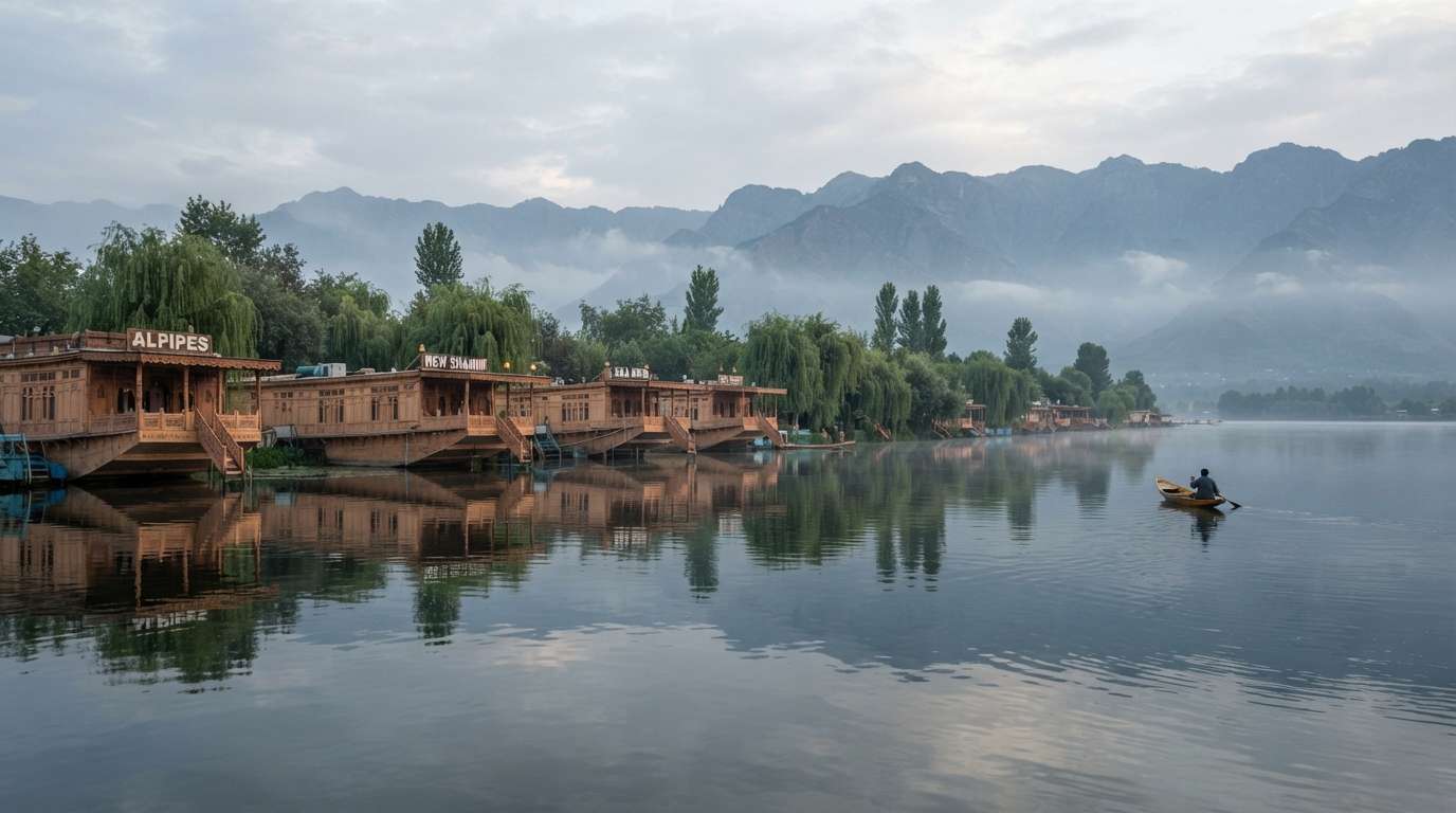 Rogan josh, haak saag and rice served in a carved houseboat dining room, Srinagar, Kashmir, India