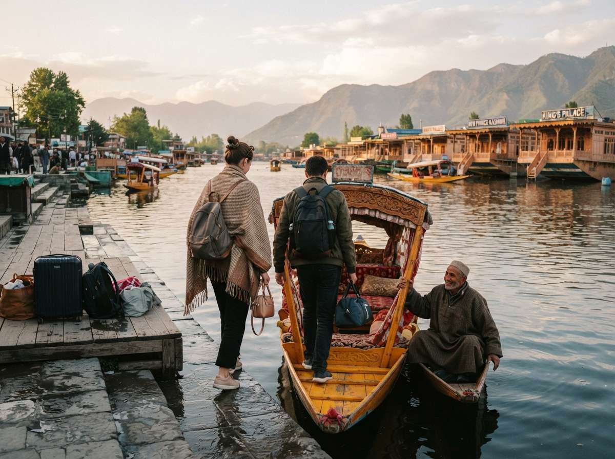 Rogan josh, haak saag and rice served in a carved houseboat dining room, Srinagar, Kashmir, India