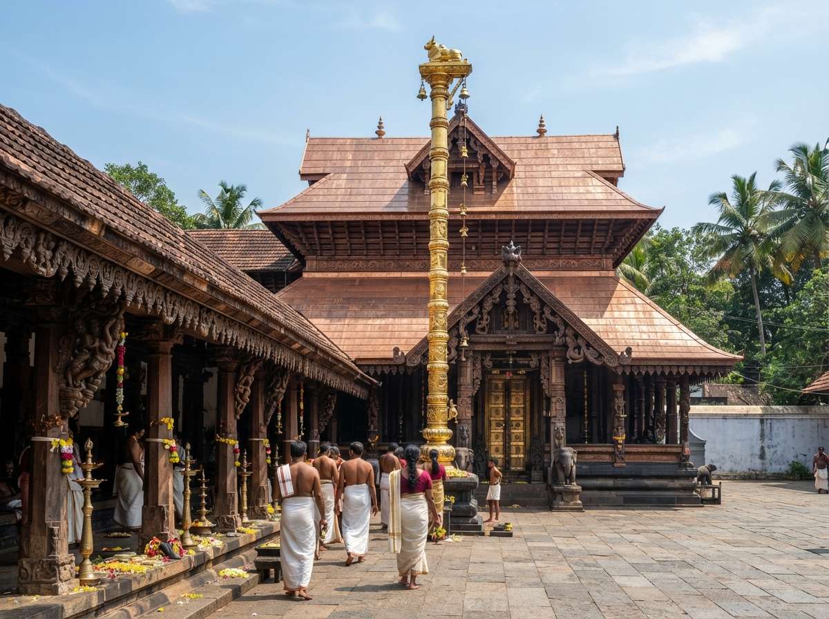 Kerala-style roofs and golden flagstaff of Vaikom Mahadeva Temple, the Kashi of the South