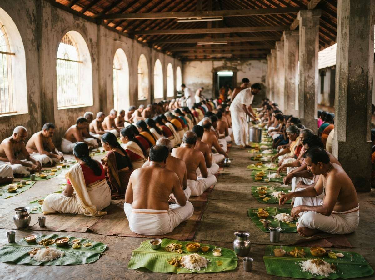 Devotees at the free annadanam meal in the Vaikom temple dining hall, Kerala