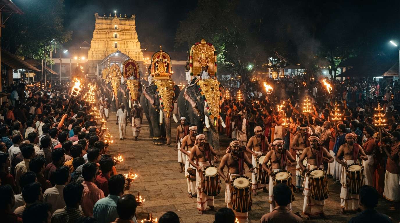 Vaikathashtami festival procession with caparisoned elephants at Vaikom Mahadeva Temple