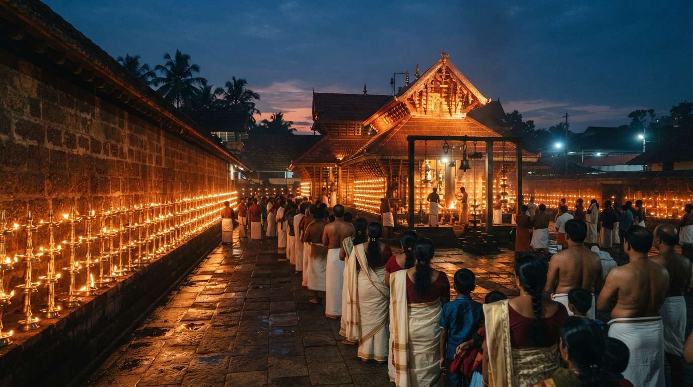 Deeparadhana lamp ritual at dusk at Vaikom Mahadeva Temple, Kottayam, Kerala