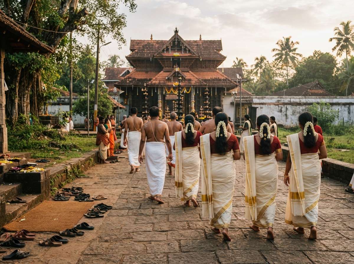 Vaikom temple dress code: men in white mundu, women in set-mundu sarees walking to the gate