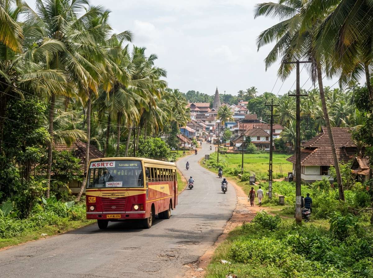 KSRTC bus on a palm-lined road heading to Vaikom town, Kottayam district, Kerala