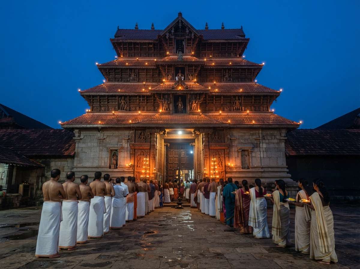 Vaikom Mahadeva Temple gopuram lit by oil lamps before the 4 AM opening, Vaikom, Kerala