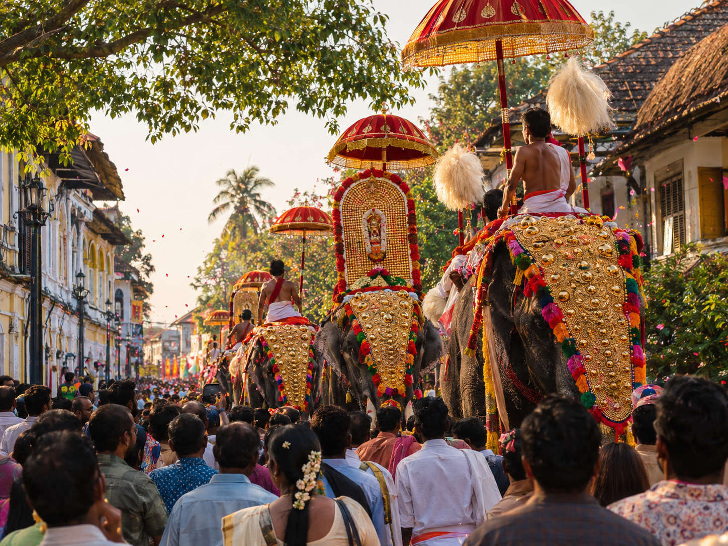 Cochin Carnival elephant procession through the colonial lanes of Fort Kochi, Kerala, at New Year Note: confirmed: Cochin Carnival elephant procession named in 'Kerala winter festivals and events'