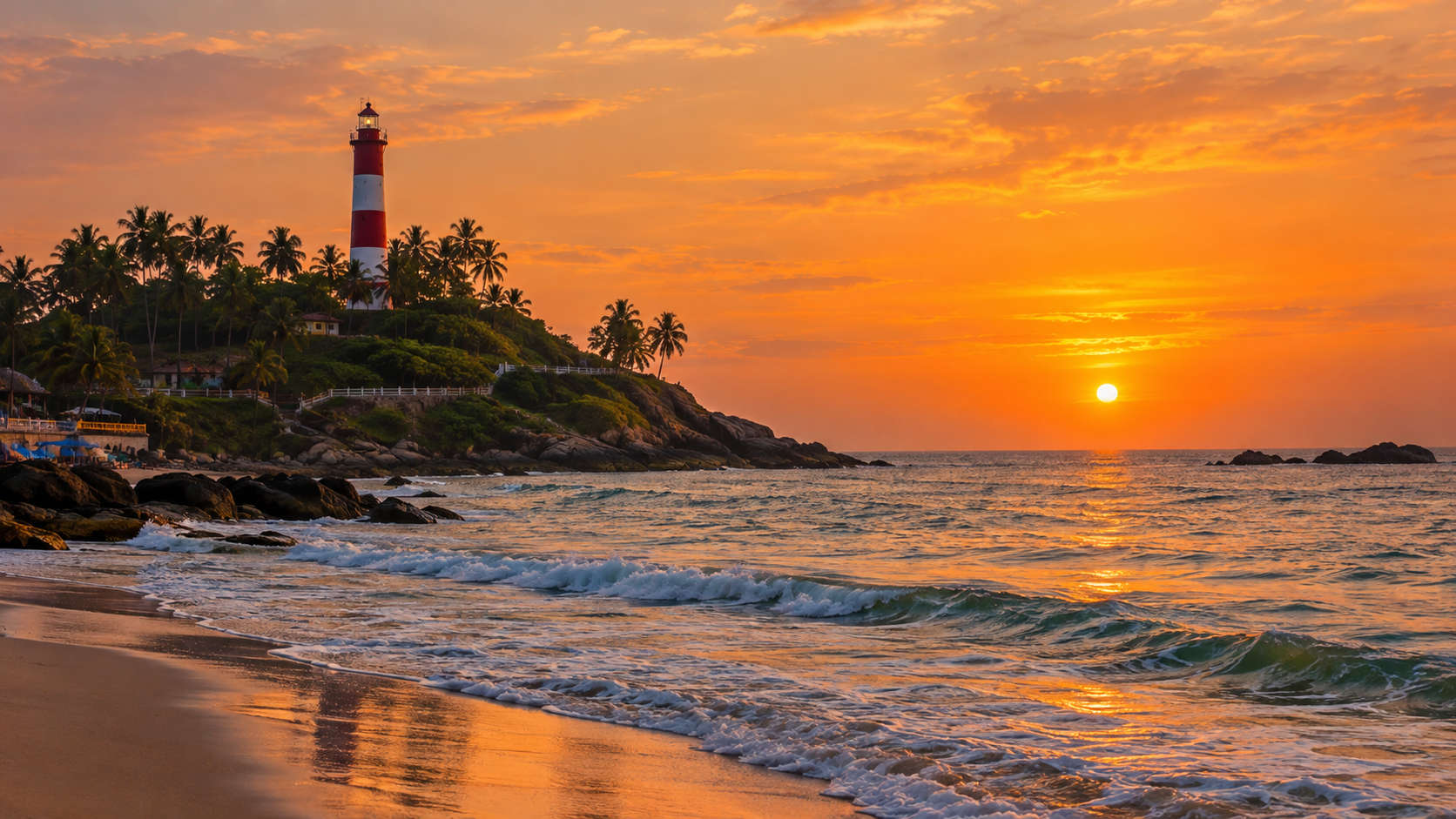 Vizhinjam lighthouse above Kovalam beach at sunset, Kerala, in the winter season Note: confirmed: Kovalam lighthouse sunsets named (lighthouse is the Vizhinjam lighthouse)