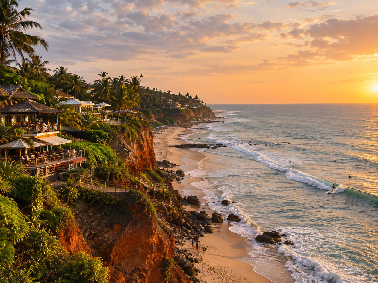 Red laterite cliffs and clifftop cafes above Varkala beach, Kerala, with gentle winter surf Note: confirmed: Varkala red cliffs, cafes, gentle winter surf named