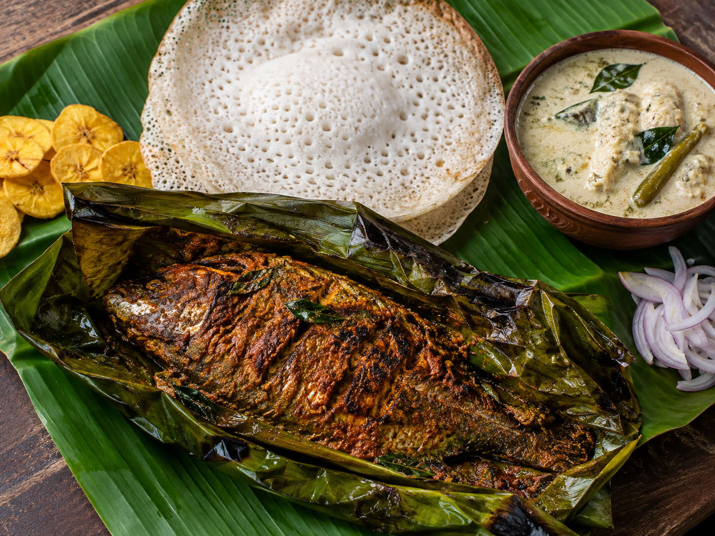 Alt: Karimeen pollichathu in banana leaf with appam and stew, a Kerala winter food favourite Note: confirmed: karimeen pollichathu, appam with stew named in 'What to eat'